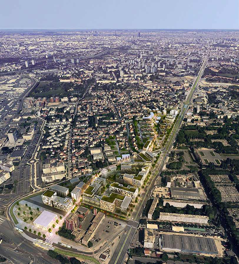 Déployé le long de l'ancienne RN 7, l'écoquartier est un jalon d'entrée dans la zone dense de la Métropole du Grand Paris